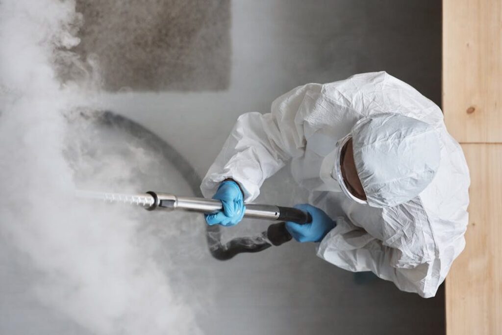 Person Wearing Personal Protective Equipment Spraying Smoke